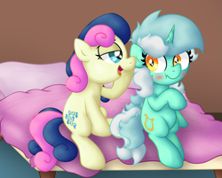 Size: 2843x2291 | Tagged: safe, artist:background basset, imported from derpibooru, bon bon, lyra heartstrings, sweetie drops, earth pony, pony, unicorn, bed, bedroom eyes, blushing, cute, duo, duo female, female, lesbian, lyrabon, mare, raised hoof, shipping, sitting, whispering