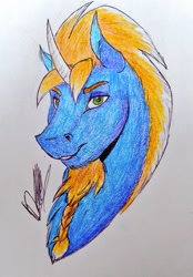 Size: 713x1024 | Tagged: safe, artist:discbreaker100, imported from derpibooru, oc, oc only, oc:venomous stray, unicorn, beard, bust, commission, facial hair, male, portrait, solo, stallion, traditional art