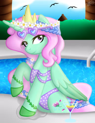 Size: 3000x3885 | Tagged: safe, artist:princessmoonsilver, imported from derpibooru, oc, oc:spring breeze, alicorn, pony, alicorn oc, clothes, commission, glasses, hind legs, horn, solo, summer, sunglasses, swimming pool, swimsuit, wings, ych result, your character here