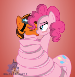 Size: 7700x8000 | Tagged: safe, artist:lunahazacookie, imported from derpibooru, pinkie pie, oc, earth pony, lamia, original species, canon x oc, coils, eyes closed, female, goggles, kiss on the lips, kissing, lamiafied, male, mare, pinklamia pie, species swap, stallion