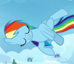 Size: 303x266 | Tagged: safe, imported from twibooru, screencap, rainbow dash, pegasus, pony, aileron roll, animated, cloud, female, flying, gif, image, in the sky, lidded eyes, mare, solo, spin, spinning, spread wings, wings