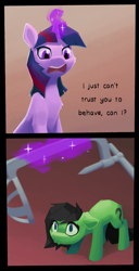 Size: 1100x2150 | Tagged: safe, artist:senaelik, imported from twibooru, twilight sparkle, oc, oc:filly anon, earth pony, pony, unicorn, /mlp/, 2 panel comic, cat carrier, comic, dialogue, drawthread, female, filly, image, imminent abuse, imminent insertion, magic, mare, png, telekinesis, unicorn twilight