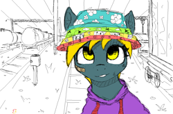 Size: 1282x839 | Tagged: safe, artist:zebra, oc, oc only, pony, bandage, clothes, female, grin, hoodie, mare, ms paint, panama hat, smiling, solo, sorting station, train, train sorting station, train station