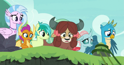 Size: 1291x683 | Tagged: safe, imported from derpibooru, screencap, gallus, ocellus, sandbar, silverstream, smolder, yona, changedling, changeling, classical hippogriff, dragon, earth pony, griffon, hippogriff, pony, yak, non-compete clause, cropped, looking down, student six