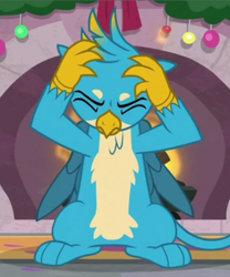 Size: 616x739 | Tagged: safe, imported from derpibooru, screencap, gallus, griffon, the hearth's warming club, angry, cropped, eyes closed, fire, fireplace, male, solo