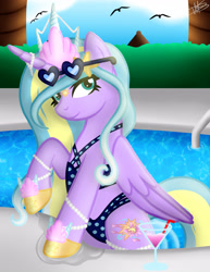 Size: 3000x3885 | Tagged: safe, artist:princessmoonsilver, imported from derpibooru, oc, oc:summer breeze, alicorn, pony, alicorn oc, clothes, commission, glasses, hind legs, horn, solo, summer, sunglasses, swimming pool, swimsuit, wings, ych result, your character here