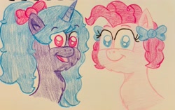 Size: 3855x2417 | Tagged: safe, artist:jesslmc16, imported from derpibooru, izzy moonbow, pinkie pie, earth pony, pony, unicorn, colored, colored pencil drawing, fanart, female, g4, g5, mare, pigtails, ponytail, traditional art