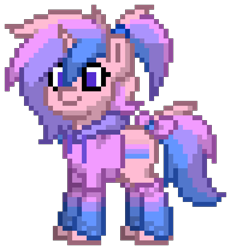 Size: 768x832 | Tagged: safe, artist:bandwidth, imported from derpibooru, oc, oc only, oc:femmy, pony, unicorn, pony town, ambiguous gender, androgynous, bow, clothes, cute, girly, gynosexual flag, hoodie, ponytail, pride flag, simple background, socks, tail, tail bow, transparent background