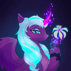 Size: 2048x2048 | Tagged: safe, artist:qwennondeathdie, imported from derpibooru, opaline arcana, alicorn, pony, spoiler:g5, spoiler:my little pony: make your mark, eyebrows, eyeshadow, female, flower, g5, glowing, glowing horn, high res, horn, levitation, looking at you, magic, magic aura, makeup, mare, my little pony: make your mark, ocean lily, signature, smiling, smiling at you, smirk, solo, spread wings, telekinesis, wings