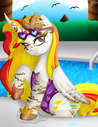 Size: 3000x3885 | Tagged: safe, artist:princessmoonsilver, imported from derpibooru, oc, oc:fall wind, alicorn, pony, alicorn oc, clothes, commission, glasses, horn, solo, sunglasses, swimming pool, swimsuit, wings, ych result, your character here