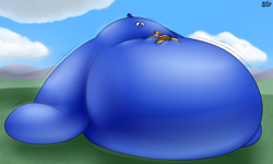 Size: 3342x2010 | Tagged: safe, artist:the-furry-railfan, imported from derpibooru, oc, oc only, oc:bobby seas, oc:emma, pony, unicorn, balloon, balloon fetish, cloud, cloudy, cuddling, fetish, inflation, non-mlp oc, not salmon, outdoors, size difference, squishy, wat, water balloon