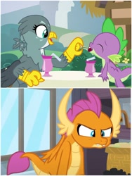 Size: 1500x1999 | Tagged: safe, edit, edited screencap, imported from derpibooru, screencap, gabby, smolder, spike, dragon, griffon, dragon dropped, molt down, angry, female, implied shipping, implied spolder, implied straight, jealous, male, shipping, spabby, straight, winged spike, wings