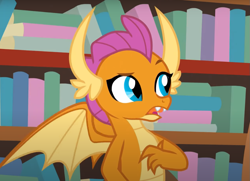 Size: 1049x760 | Tagged: safe, imported from derpibooru, screencap, smolder, dragon, the hearth's warming club, bookshelf, cropped, dragoness, female, raised eyebrow, solo