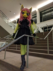 Size: 1024x1366 | Tagged: safe, artist:bramble bunny, imported from derpibooru, fluttershy, anthro, bat pony, bronycon, bronycon 2018, bat ponified, boots, clothes, cosplay, costume, fishnets, flutterbat, high heel boots, irl, irl human, photo, race swap, shoes, solo, stairs