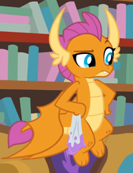 Size: 632x818 | Tagged: safe, imported from derpibooru, screencap, smolder, dragon, season 8, the hearth's warming club, spoiler:s08, bookshelf, cropped, dragoness, female, hand on hip, raised eyebrow, solo