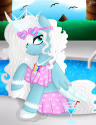Size: 3000x3885 | Tagged: safe, artist:princessmoonsilver, imported from derpibooru, oc, oc only, oc:winter wind, alicorn, pony, alicorn oc, clothes, commission, female, glasses, horn, solo, sunglasses, swimming pool, swimsuit, wings, ych result, your character here