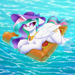 Size: 3000x3000 | Tagged: safe, artist:evlass, imported from derpibooru, princess celestia, alicorn, pony, cute, cutelestia, ear fluff, female, floating, floaty, floppy ears, food, hat, inflatable, inflatable toy, mare, pizza, pool toy, smiling, solo, sun hat, sunglasses, water