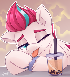 Size: 1368x1500 | Tagged: safe, artist:rivin177, imported from derpibooru, zipp storm, pegasus, pony, ;p, adorazipp, bubble tea, commission, cute, drink, female, floppy ears, g5, hooves, looking at you, mare, one eye closed, solo, stars, straw, table, tongue out, wink, ych result