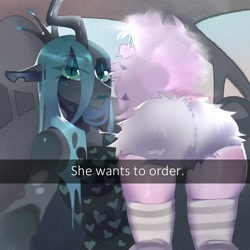 Size: 2000x2000 | Tagged: safe, artist:sausagekit, imported from derpibooru, queen chrysalis, oc, oc:fluffle puff, anthro, ass, breasts, butt, canon x oc, car, car interior, chrysipuff, clothes, dress, drive thru, female, he wants to order, lesbian, lipstick, looking at you, meme, selfie, shipping, snapchat, socks, striped socks, thighs