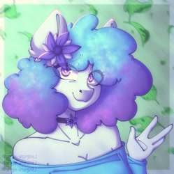 Size: 966x970 | Tagged: safe, artist:angie imagines, imported from derpibooru, oc, oc only, anthro, afro, choker, ear fluff, female, flower, flower in hair, fluffy hair, green background, heart, heart eyes, high res, leaves, multicolored hair, purple eyes, redraw, simple background, solo, wingding eyes