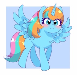 Size: 1080x1047 | Tagged: safe, artist:leo19969525, imported from derpibooru, oc, oc only, alicorn, pony, alicorn oc, blue background, blue eyes, blushing, cute, female, hair, horn, looking at you, mane, mare, ocbetes, simple background, smiling, smiling at you, solo, spread wings, tail, walking, wings