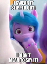 Size: 500x675 | Tagged: safe, edit, edited screencap, editor:professorventurer, imported from derpibooru, screencap, izzy moonbow, pipp petals, zipp storm, pegasus, pony, unicorn, spoiler:my little pony: make your mark, accidental swearing, caption, covering mouth, cute, facebook, female, g5, image macro, imminent punishment, izzybetes, meme, my little pony: make your mark, my little pony: make your mark chapter 1, royal sisters (g5), siblings, sisters, text