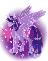 Size: 406x516 | Tagged: safe, artist:luna_mcboss, imported from derpibooru, twilight sparkle, alicorn, pony, chest fluff, coat markings, cutie mark, feathered wings, fetlock tuft, hooves, horn, long legs, long tail, markings, purple background, purple coat, purple eyes, purple mane, simple background, solo, spread wings, tail, twilight sparkle (alicorn), wings