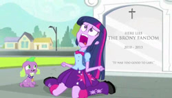 Size: 648x370 | Tagged: safe, edit, edited screencap, imported from derpibooru, screencap, spike, twilight sparkle, dog, human, equestria girls, equestria girls (movie), 2013, aged like milk, boots, bowtie, clothes, collar, cross, exploitable meme, female, horrified, male, meme, old art, op is a duck, op is trying to start shit, rest in peace, screaming, shirt, shoes, skirt, spike the dog, twiscream, wondercolt statue