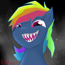 Size: 2000x2000 | Tagged: safe, alternate version, artist:reinbou, imported from derpibooru, rainbow dash, pegasus, pony, secrets and pies, alternate hairstyle, evil pie hater dash, evil rainbow dash, sharp teeth, simple background, solo, teeth