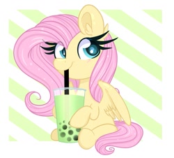 Size: 893x806 | Tagged: safe, artist:lbrcloud, imported from derpibooru, part of a set, fluttershy, pegasus, pony, abstract background, bubble tea, chibi, cute, drink, drinking straw, smiling, solo, straw