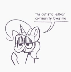 Size: 744x749 | Tagged: safe, artist:__koi_fish__, imported from derpibooru, trixie, pony, unicorn, autism, dialogue, female, lesbian, looking at you, simple background, solo, white background