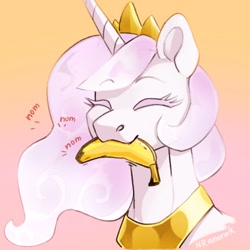 Size: 1080x1080 | Tagged: safe, artist:anoraknr, imported from derpibooru, princess celestia, alicorn, pony, :3, banana, bananalestia, food, happy, herbivore, mouth hold, nom, pink-mane celestia, smiling, solo