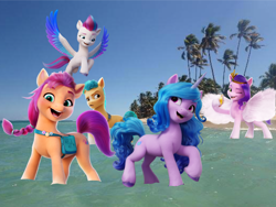 Size: 2400x1800 | Tagged: safe, edit, edited screencap, imported from derpibooru, screencap, hitch trailblazer, izzy moonbow, pipp petals, sunny starscout, zipp storm, earth pony, pegasus, pony, unicorn, spoiler:my little pony: a new generation, beach, female, g5, group, happy, irl, looking at you, male, mare, my little pony: a new generation, ocean, one eye closed, palm tree, photo, ponies in real life, smiling, smiling at you, stallion, stock vector, tree, vector, water, wink