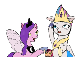 Size: 2048x1536 | Tagged: safe, artist:the crystal artist, derpibooru exclusive, imported from derpibooru, pipp petals, sunny starscout, zipp storm, earth pony, pegasus, pony, badly drawn, celestia's crown, clothes, crown, female, g5, horrified, jewelry, mare, old art, regalia, royal sisters (g5), shoes, siblings, simple background, sisters, smiling, starry eyes, unamused, white background, wingding eyes, wings, zipp storm is not amused