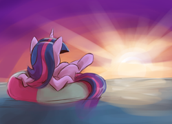 Size: 2238x1620 | Tagged: safe, artist:saturdaymorningproj, imported from derpibooru, twilight sparkle, alicorn, pony, digital art, facing away, female, inner tube, lying down, mare, ocean, on back, solo, sunset, twilight sparkle (alicorn), water