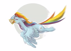 Size: 4300x3100 | Tagged: safe, artist:colorbrush, imported from derpibooru, rainbow dash, pegasus, pony, abstract background, flying, food, mouth hold, sandwich, simple background, solo, tired, white background