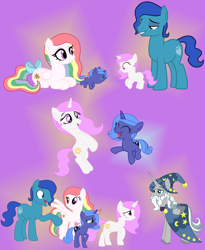 Size: 5666x6902 | Tagged: safe, artist:lillyleaf101, imported from derpibooru, prince blue dream, princess celestia, princess luna, star swirl the bearded, pony, absurd resolution, cewestia, female, filly, g1, g1 to g4, g2, g2 to g4, g4, generation leap, magic, starshine (g1), story included, woona, younger