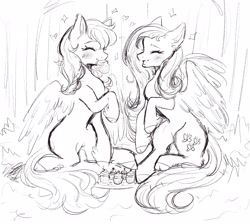Size: 2048x1835 | Tagged: safe, artist:oatmeals_, imported from derpibooru, fluttershy, rainbow dash, pegasus, pony, cupcake, duo, eyes closed, food, happy, monochrome, mouth hold, sketch, sparkles