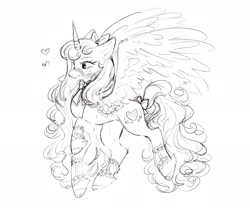 Size: 2048x1740 | Tagged: safe, artist:oatmeals_, imported from derpibooru, princess cadance, alicorn, pony, bow, floating heart, hair bow, heart, monochrome, saddle, sketch, solo, spread wings, tack, tail, tail bow, wings