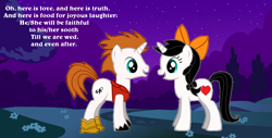 Size: 1024x521 | Tagged: safe, artist:crawfordjenny, imported from derpibooru, pony, boots, bow, clothes, crossover, cute, female, frederic (pirates of penzance), gilbert and sullivan, hair bow, lyrics, mabel (pirates of penzance), male, ponified, shipping, shoes, song reference, straight, text, the pirates of penzance, tree, unshorn fetlocks, vest