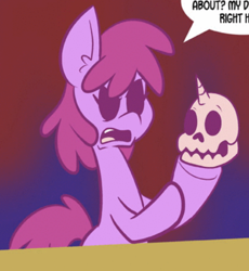 Size: 474x516 | Tagged: safe, artist:pembroke, edit, imported from derpibooru, berry punch, berryshine, earth pony, pony, unicorn, here comes berry punch, bone, confused, cropped, dialogue, female, horn, mare, skull, speech bubble, text, zalgo