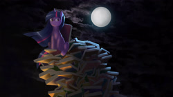 Size: 3840x2160 | Tagged: safe, artist:koronkorak, imported from derpibooru, twilight sparkle, pony, unicorn, black background, book, book fort, full moon, looking down, moon, night, simple background, sitting, smiling, smirk, solo, that pony sure does love books, throne, unicorn twilight