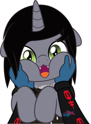 Size: 3707x5000 | Tagged: safe, artist:jhayarr23, imported from derpibooru, human, pony, unicorn, equestria girls, arms, clothes, commission, disguise, disguised siren, duo, fangs, happy, horn, jewelry, kellin quinn, looking at you, male, necklace, offscreen character, open mouth, ponified, shirt, simple background, slit pupils, squishy cheeks, stallion, t-shirt, transparent background, ych result