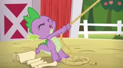 Size: 2732x1518 | Tagged: safe, imported from derpibooru, screencap, spike, dragon, applejack's "day" off, season 6, eyes closed, list, male, pulling, rope, solo