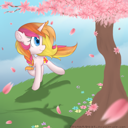 Size: 2300x2300 | Tagged: safe, artist:meotashie, imported from derpibooru, oc, oc only, pony, unicorn, cherry blossoms, female, flower, flower blossom, horn, running, solo, unicorn oc