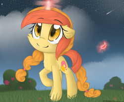 Size: 2800x2300 | Tagged: safe, artist:meotashie, imported from derpibooru, oc, oc only, pony, unicorn, female, glowing, glowing horn, grass, horn, raised hoof, shooting star, smiling, solo, unicorn oc