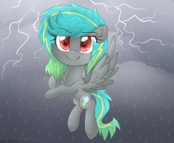 Size: 2800x2300 | Tagged: safe, artist:meotashie, imported from derpibooru, oc, oc only, pegasus, pony, female, flying, lightning, pegasus oc, rain, sky, smiling, solo