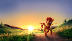 Size: 3021x1700 | Tagged: safe, artist:kaermter, imported from derpibooru, oc, oc only, oc:alios, pegasus, pony, facial hair, male, open mouth, open smile, running, scenery, smiling, solo, spread wings, stallion, sunset, wings