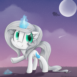 Size: 2300x2300 | Tagged: safe, artist:meotashie, imported from derpibooru, oc, oc only, pony, unicorn, female, glowing, glowing horn, horn, moon, shooting star, smiling, solo, unicorn oc