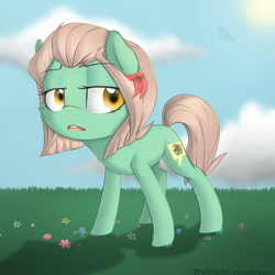 Size: 2300x2300 | Tagged: safe, artist:meotashie, imported from derpibooru, oc, oc only, oc:marilee, earth pony, pony, cheek fluff, earth pony oc, grass, solo